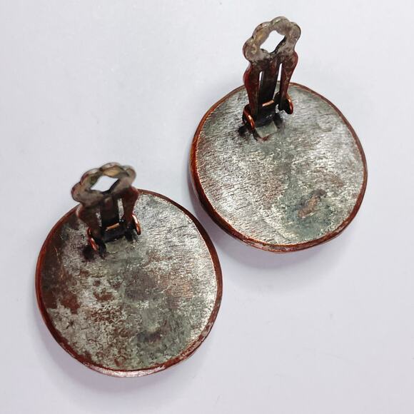 Vintage 70s 80s Modernist Brutalist Textured Copper Blue Quartz Clip On Earrings - Picture 8 of 11